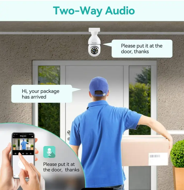 A Noonkey light bulb camera screwed into a porch fixture above the front door while a delivery driver drops off a package