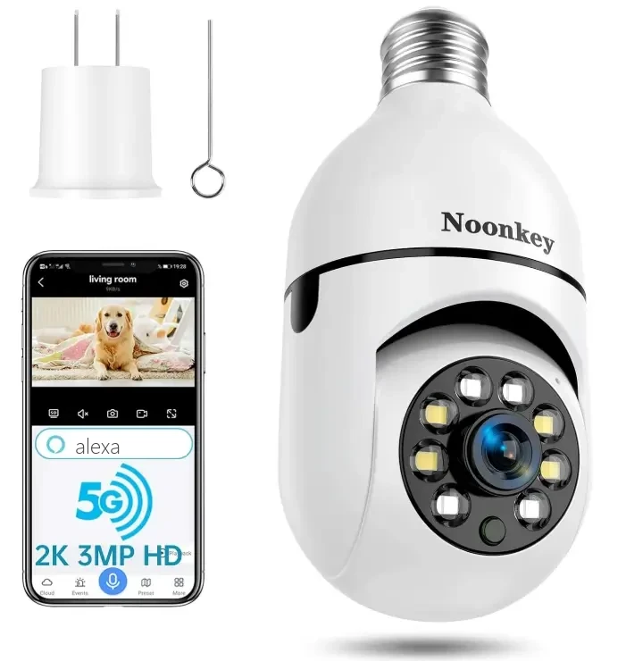 Noonkey 2K/3MP Light Bulb Security Camera, 5G& 2.4GHz WiFi Alexa E27 360° Light Socket Camera for Outdoor, Wireless WiFi Home IP Camera with Motion Tracking Alarm, Color Night Vision,Two-Way Talk