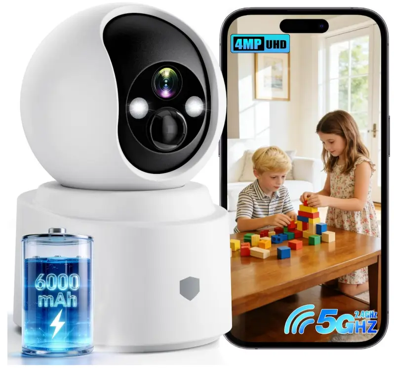Noonkey Battery Powered Wireless Indoor Security Camera, 4MP HD Pan/Tilt Pet Camera w/ 6000mAh Rechargeable, 5G&2.4G WiFi 6,Motion Detection, Color Night Vision, 2-Way Talk, Home/Pet/Baby Monitoring