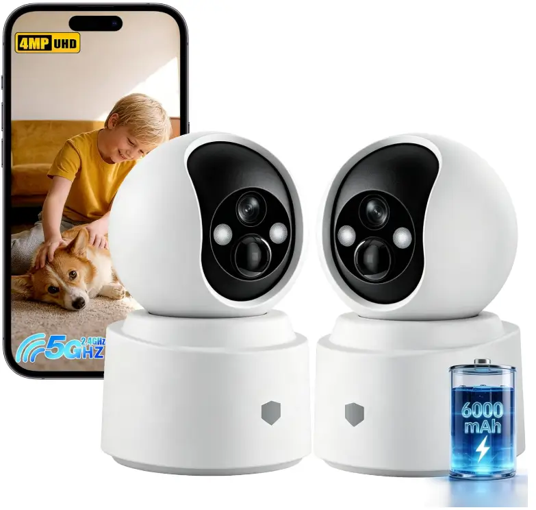 Noonkey Wireless Surveillance Cam Indoor, 4MP HD Battery-Powered Camera with 6000mAh Battery, 5G&2.4G WiFi6, AI Motion Detection, 2-Way Audio, Color Night Vision for Home Security/Baby/Pet, 3K/2-Pack