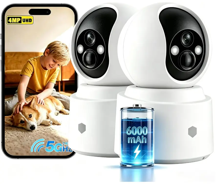 Noonkey Indoor Camera-2 Pack, 4MP HD Wireless Security Camera with Rechargeable Battery, 5G&2.4G WiFi6, AI Motion Detection, 2-Way Audio, Color Night Vision, Alexa Compatible for Home Surveillance